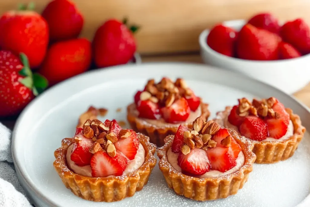 Strawberry Almond Tarts Served In A White Plate