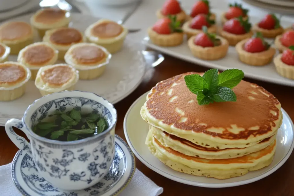 Strawberry Tart Served With Pancakes And Fresh Mint Tea For Brunch