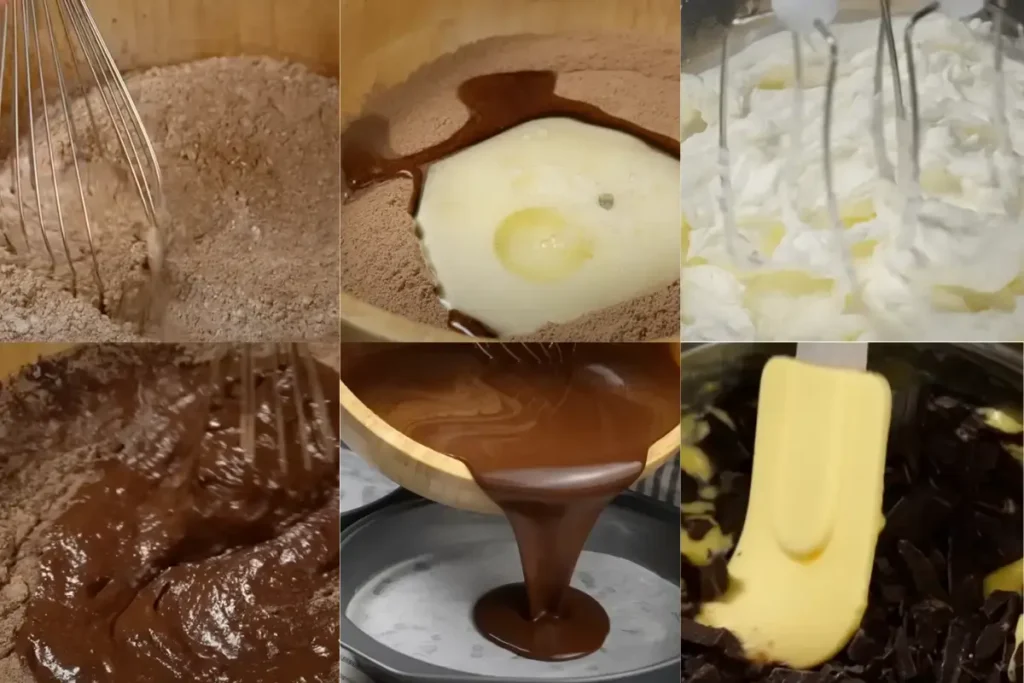 collage showing the chocolate cake making process: dry ingredients being mixed, eggs and milk added, coffee poured into batter, cakes baking in the oven, whipped cream peaks, melted chocolate custard, folding cream