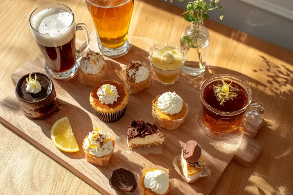 A Curated Dessert Board With Cheesecake Cup, Ginger Beer, Chamomile Tea, Cold Brew Coffee, Dark Chocolate Fondue, Lemon Sorbet, Shot From Above