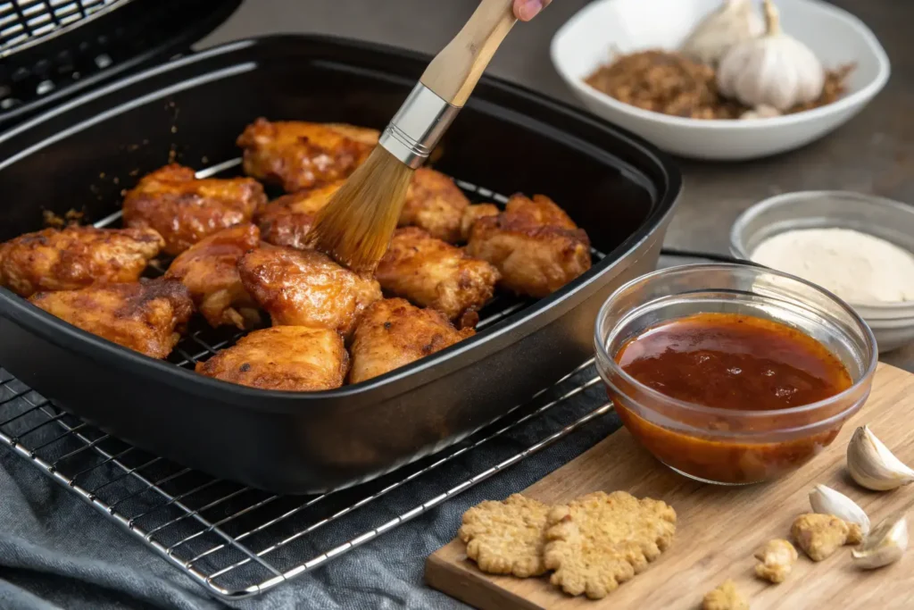 Crispy Air Fried Bourbon Chicken Pieces Arranged In A Single Layer Inside An Air Fryer Basket. A Hand Brushes Rich, Glossy Bourbon Glaze Over The Chicken