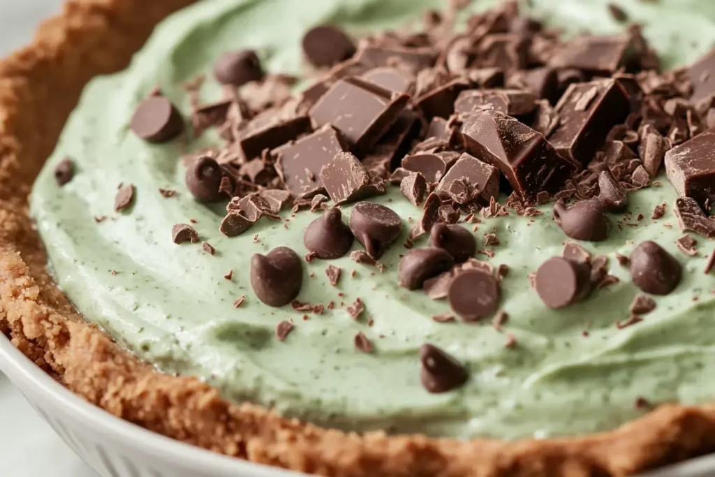 Crushed Andes Mints And Mini Chocolate Chips Being Sprinkled On Top Of The Pie