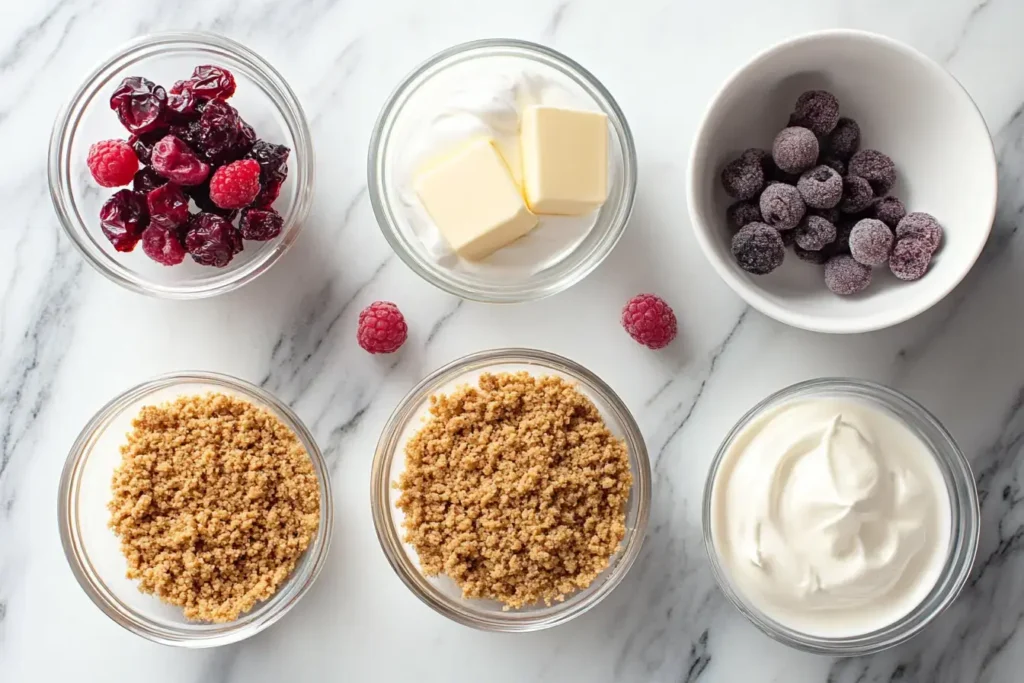 Flat Lay Of All Ingredients On A Marble Surface—graham Crumbs, Butter, Cream Cheese, Vanilla, Freeze Dried Berries, Heavy Cream