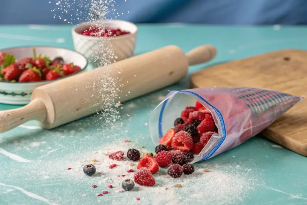 Freeze Dried Berries Being Crushed In A Ziplock With A Rolling Pin