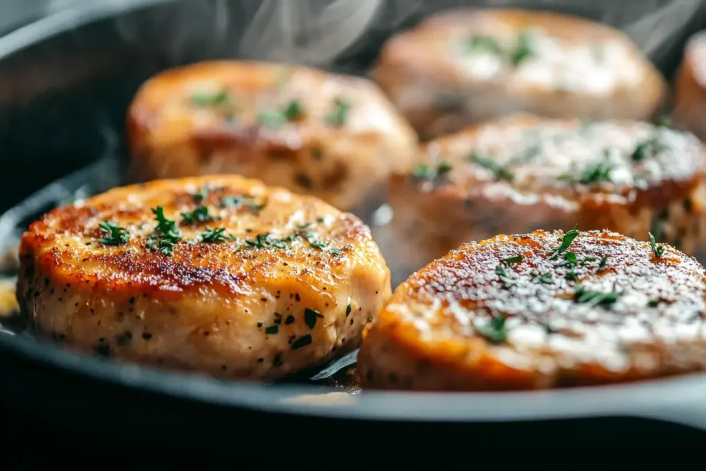 Golden Brown Breakfast Chicken Patties Sizzling In A Cast Iron Skillet, Steam Rising, Herbs Sprinkled On Top
