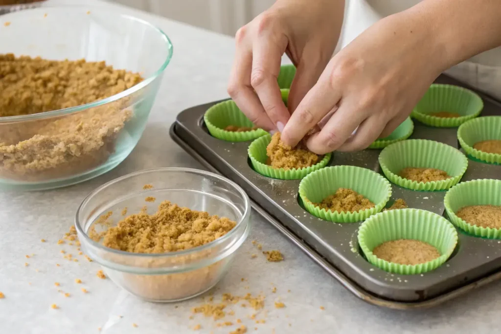 Hands Pressing Graham Crust Mixture Into Muffin Liners With Glass