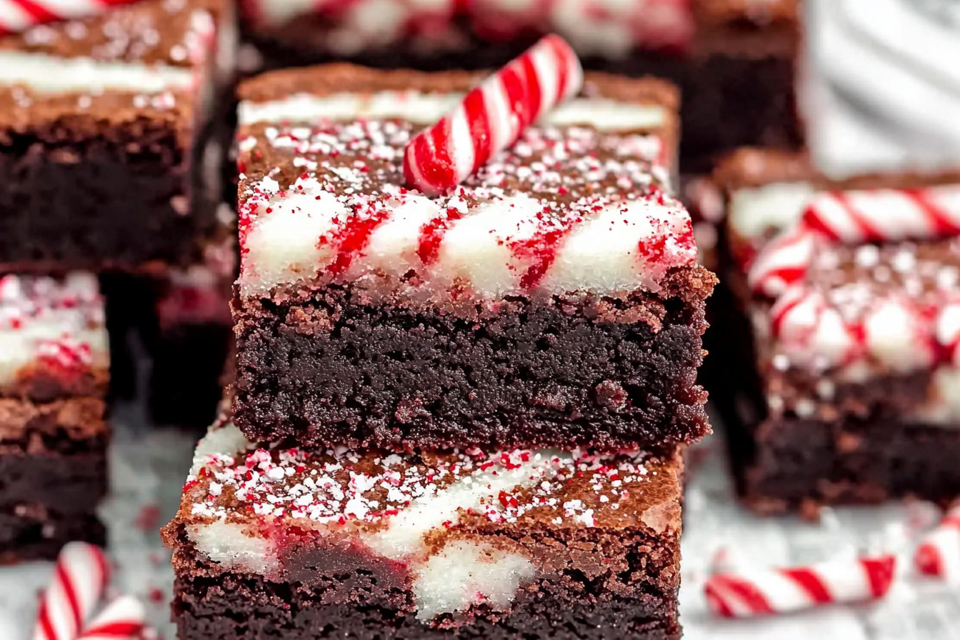 Peppermint Fudge Brownies 1 Peppermint Fudge Brownies Topped With Candy And Styled On A Serving Board.