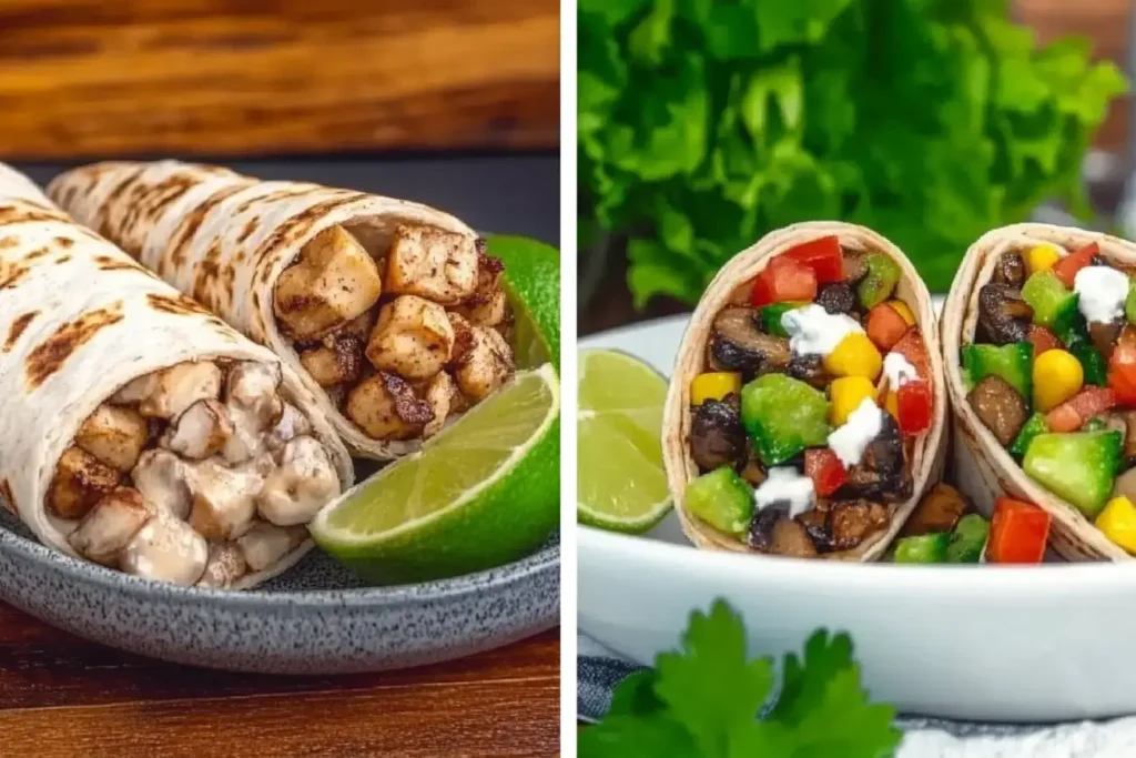3 Burritos; One Gluten Free, One Vegetarian With Mushrooms, And One Dairy Free, Each Labeled, On Stylish Plates