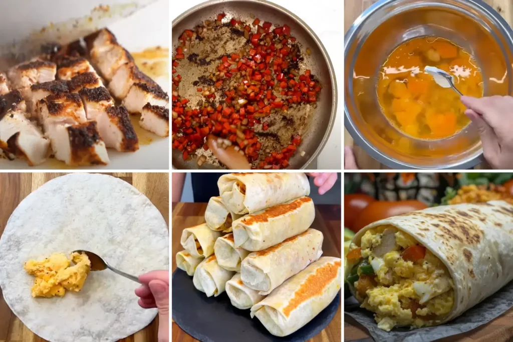 6 Step Collage Of The Cooking Process, Sautéing Veggies, Whisking Eggs, Melting Cheese Over Chicken