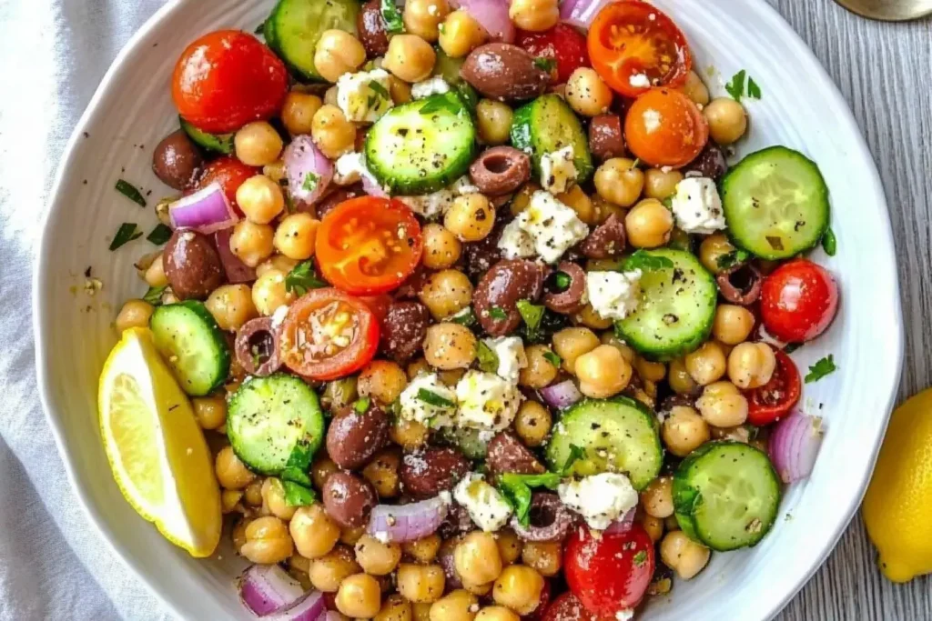 A Colorful Mediterranean Chickpea Salad Featuring Cherry Tomatoes, Cucumbers, Olives, Red Onions, And Feta, All Tossed In A Lemon Oregano Dressing.