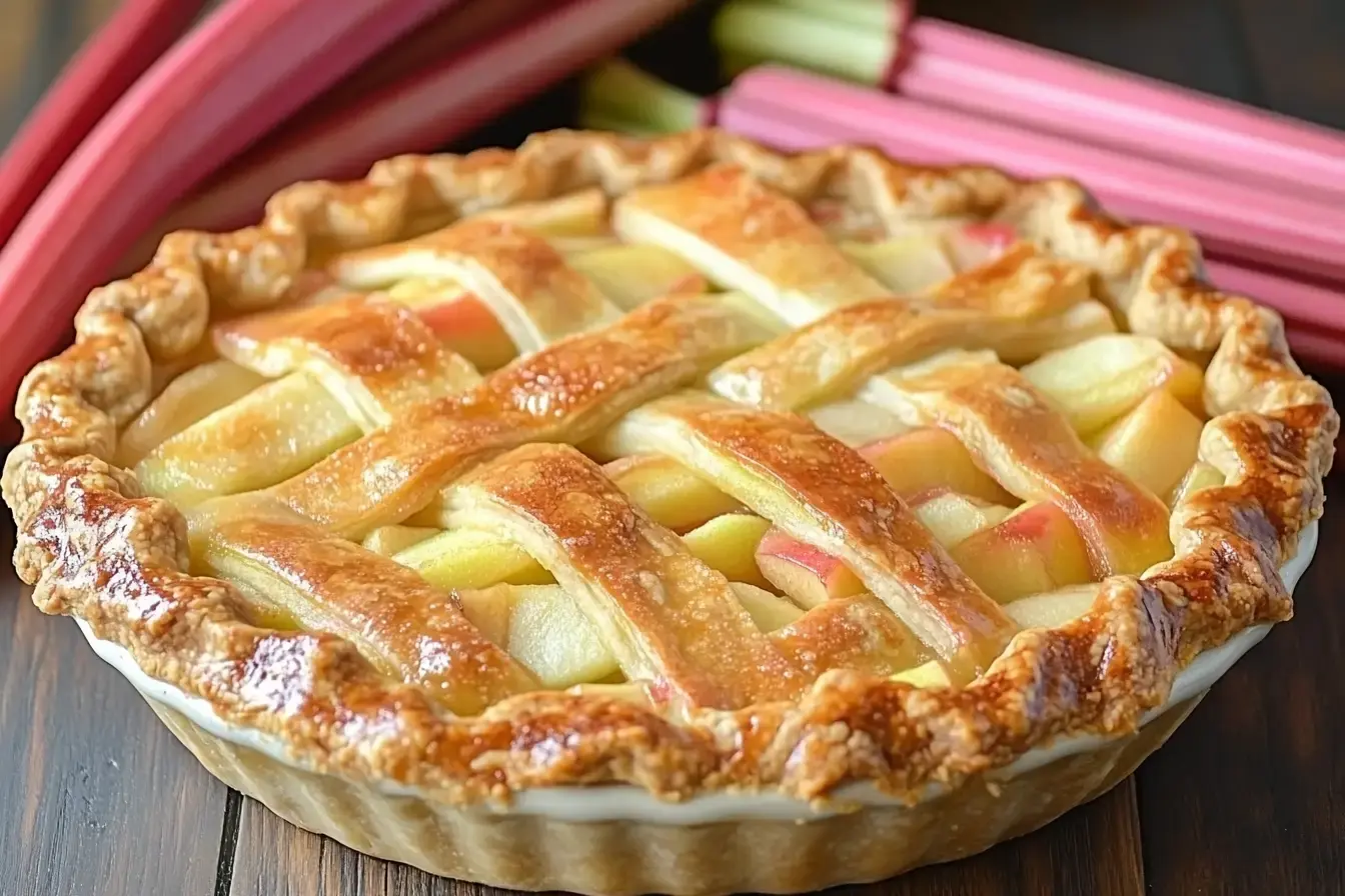A Golden Brown Apple Rhubarb Pie With A Flaky Lattice Crust, Filled With Tender Apple Slices And Vibrant Rhubarb Chunks, Resting On A Wooden Table