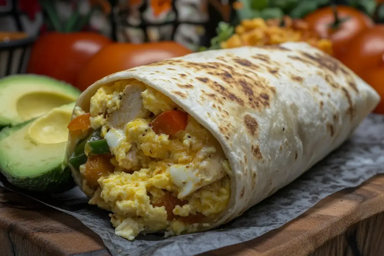 A Golden Brown Chicken Breakfast Burrito Sliced In Half, Showing Layers Of Scrambled Eggs
