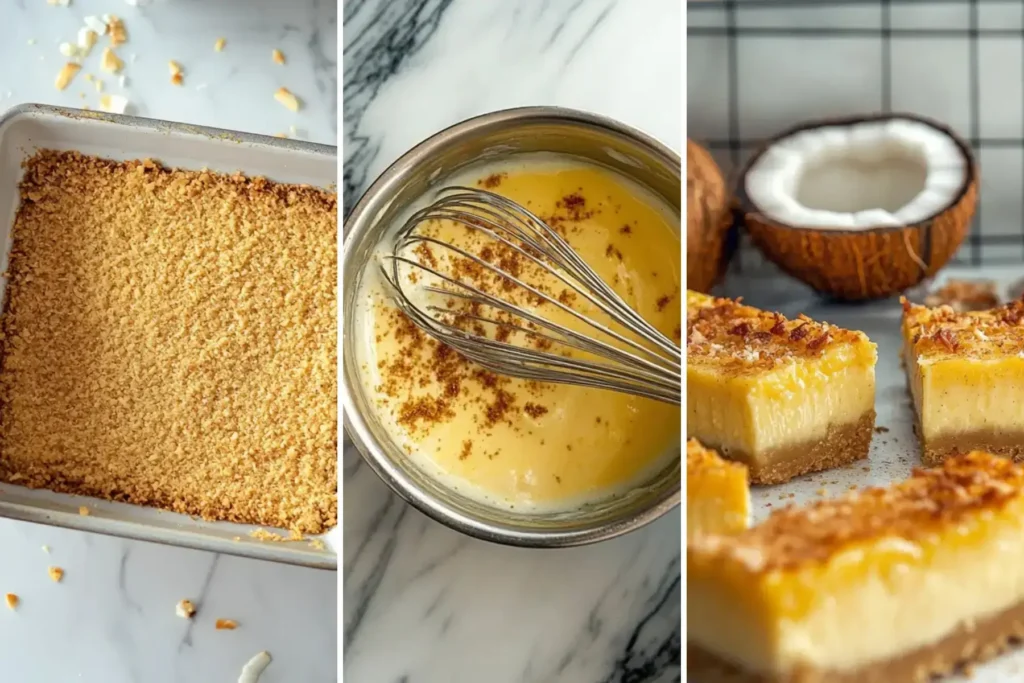 A Marbled Surface With A Saucepan Containing Coconut Custard, Whisk In Hand, And A Bowl Of Toasted Coconut Flakes Nearby.