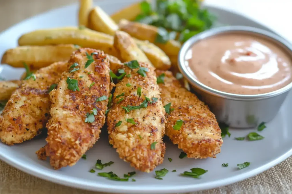 A Plate Of Crispy Golden Chicken Tenders And Fries, Served With A Side Of Dipping Sauces For A Hearty Homemade Meal.