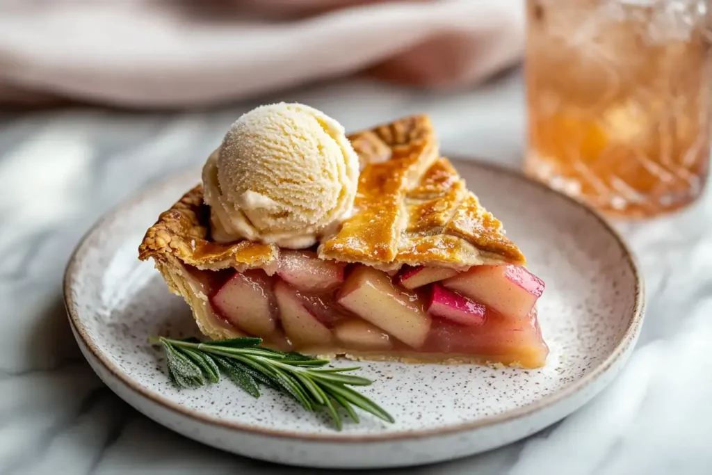 A Plated Slice Of Apple Rhubarb Pie With A Scoop Of Brown Butter Ice Cream