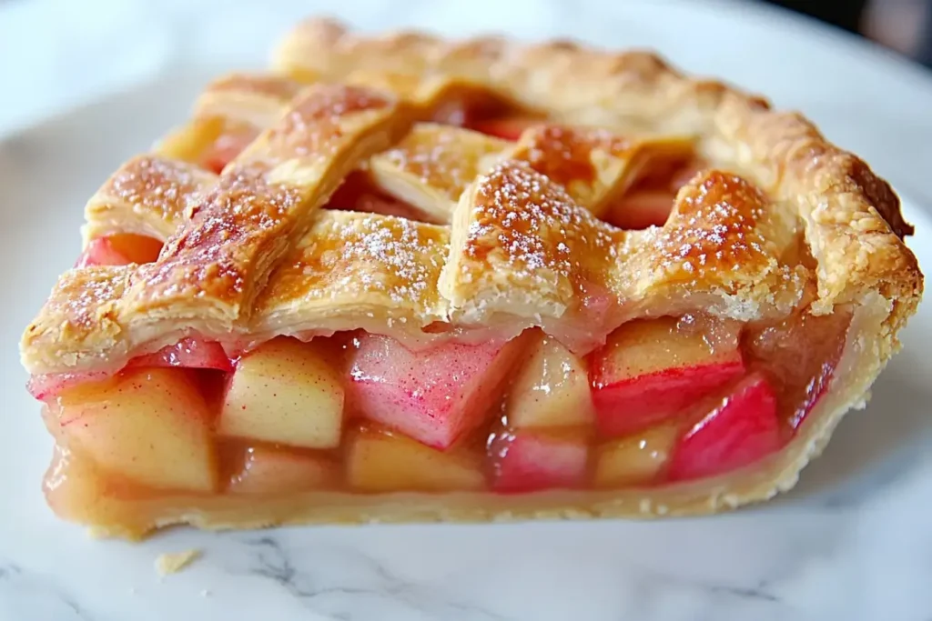 A Slice Of A Golden Brown Apple Rhubarb Pie With A Flaky Lattice Crust
