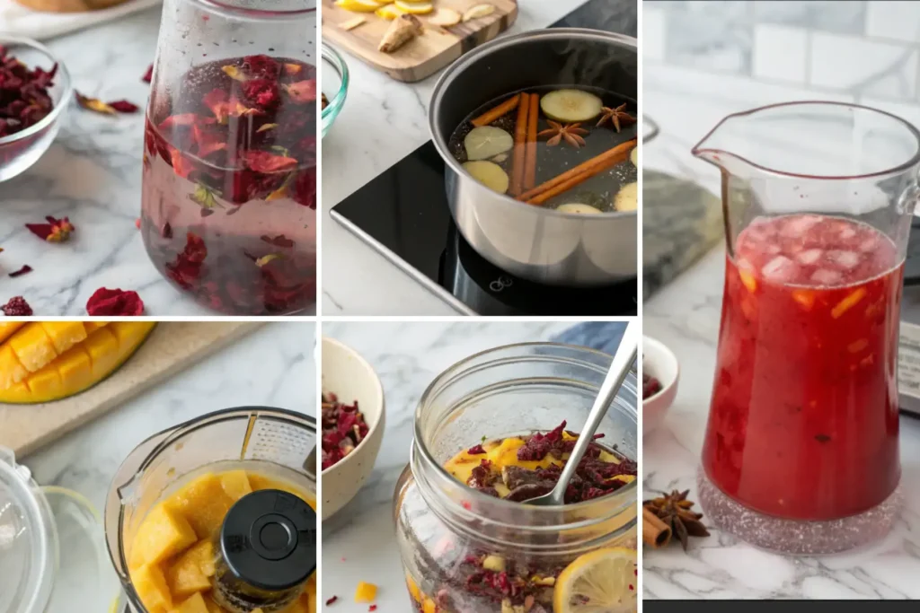 A Step By Step Visual Of A Glass Pitcher Of Hibiscus Tea Sun Brewing On A Marbled Counter, A Saucepan With Ginger And Cinnamon Simmering, And A Blender With Mango Puree,