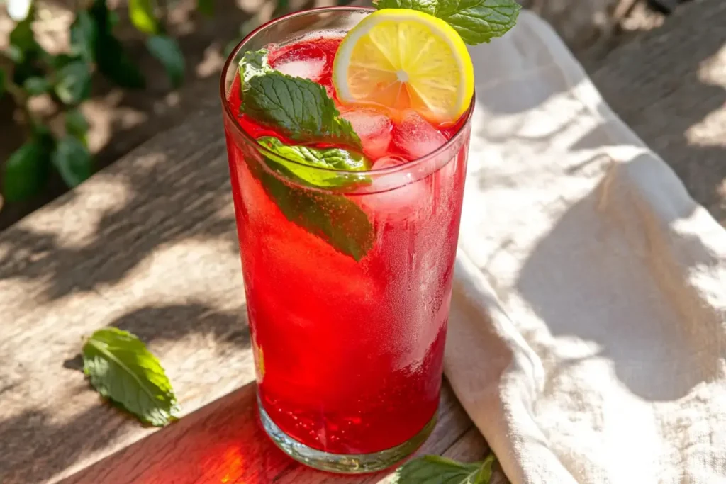A Tall Glass Of Bright Red Passion Tango Iced Tea Filled With Ice Cubes, Garnished With A Lemon Slice And Mint Sprig On A Sunny Outdoor Table