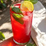 A Tall Glass Of Bright Red Passion Tango Iced Tea Filled With Ice Cubes, Garnished With A Lemon Slice And Mint Sprig On A Sunny Outdoor Table