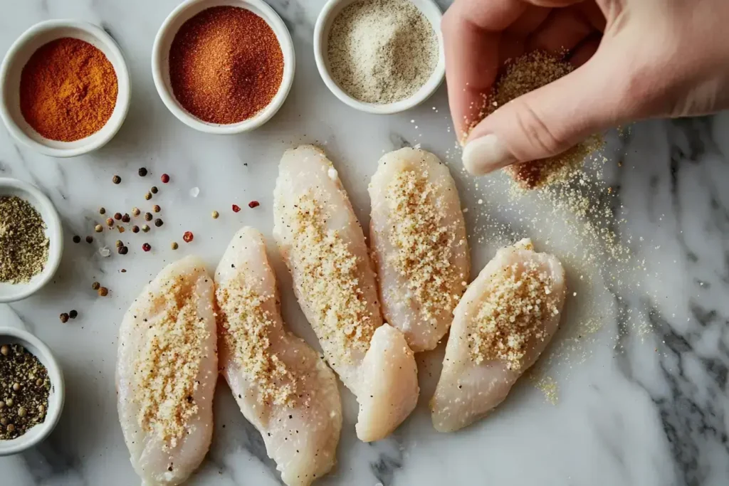 Chef’s Hand Adding Panko To Chicken Tenders On Marble