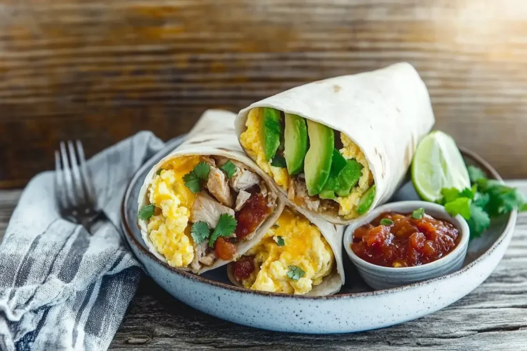 Chicken Breakfast Burrito Served In A Plate