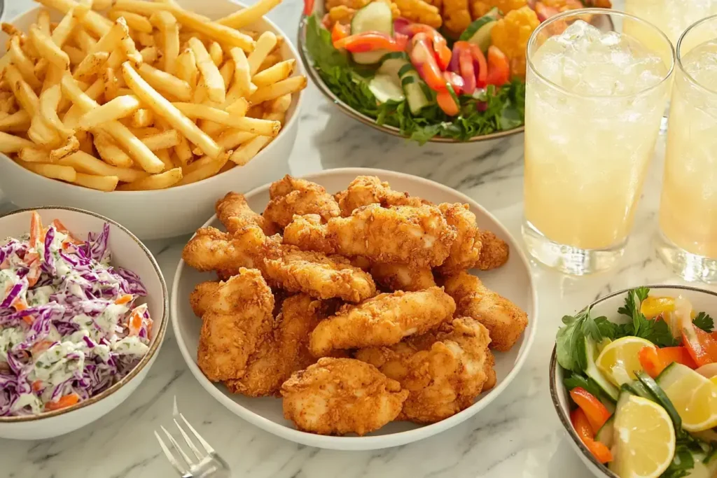 Chicken Tenders And Fries Meal With Sides On Marble