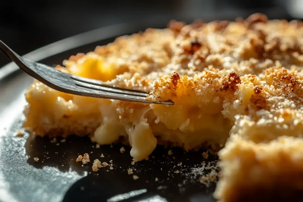 Close Up Of Mac And Cheese Crust Breaking Under Fork