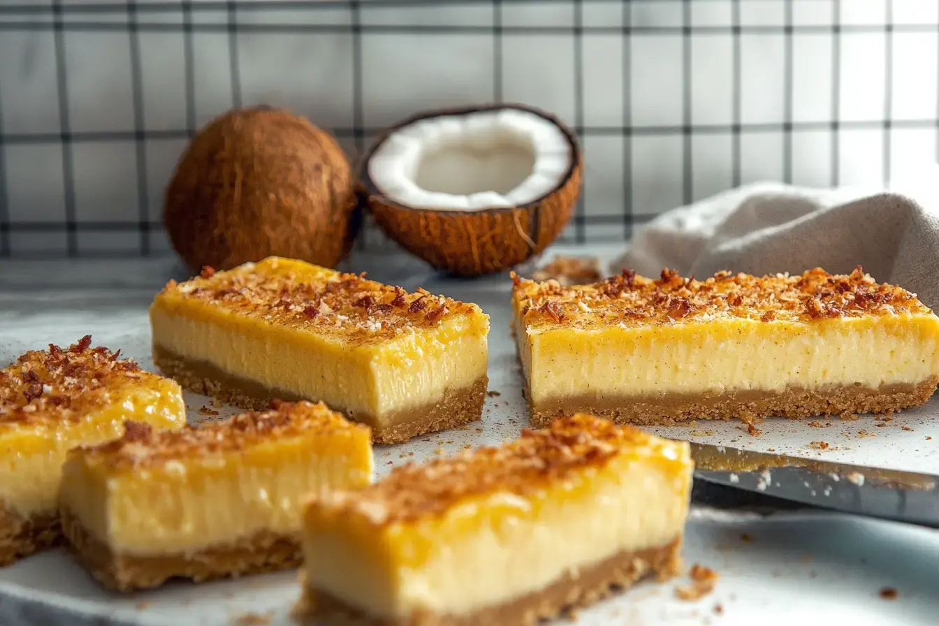 Coconut Cream Pie Bars With Golden Toasted Coconut On Top, Cut Into Neat Squares And Layered With Creamy Custard On A Buttery Crust.
