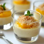 Creamy Coconut Mango Pudding In A Glass Cup, Topped With Golden Ginger Crumbs And A Swirl Of Mango Purée
