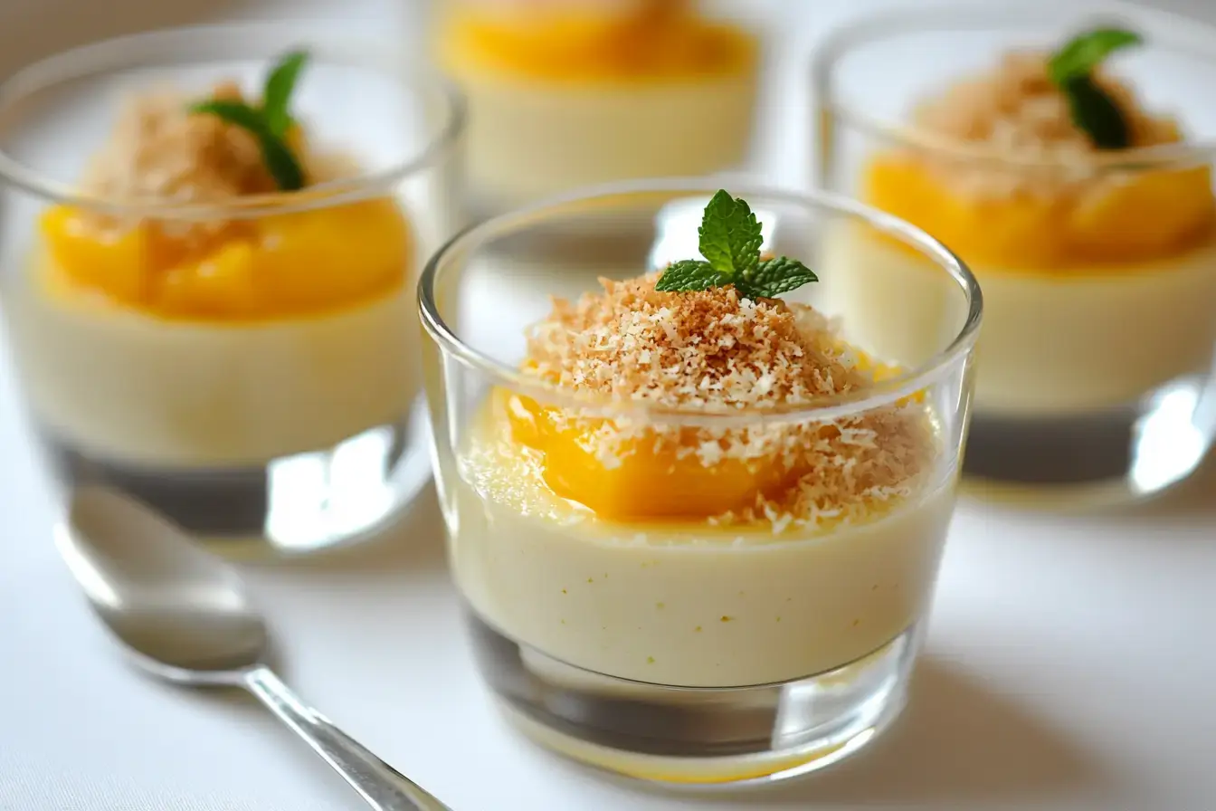 Creamy Coconut Mango Pudding In A Glass Cup, Topped With Golden Ginger Crumbs And A Swirl Of Mango Purée