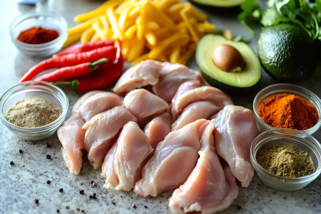 Flat Lay Of Labeled Ingredients On A Marbled Surface, Shredded Chicken, Bell Peppers, Tortillas, Eggs, Smoked Paprika, And Avocado
