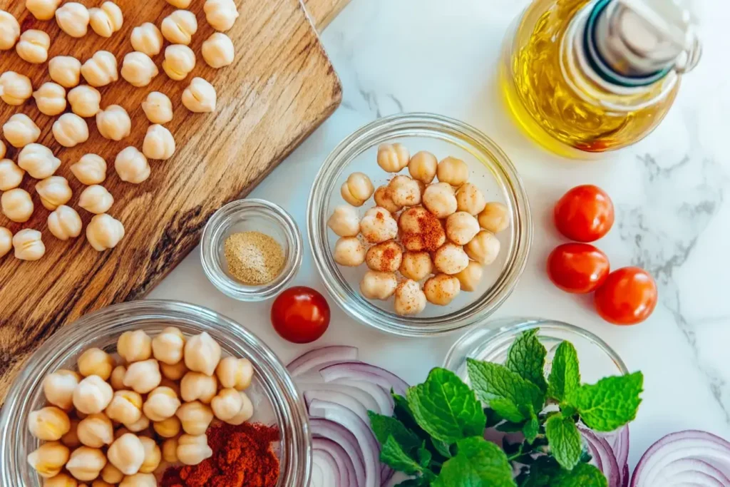 Fresh Ingredients For Chickpea Salad On Marble