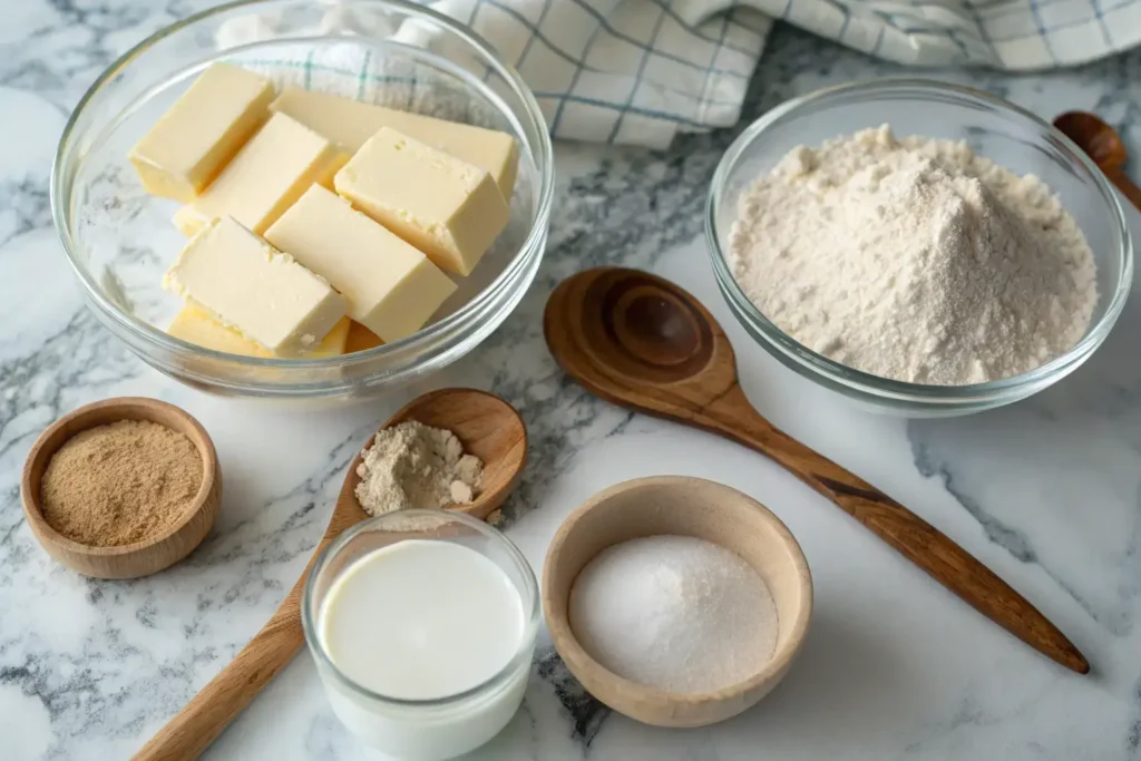 Gipfeli Ingredients On Marble With Butter And Flour