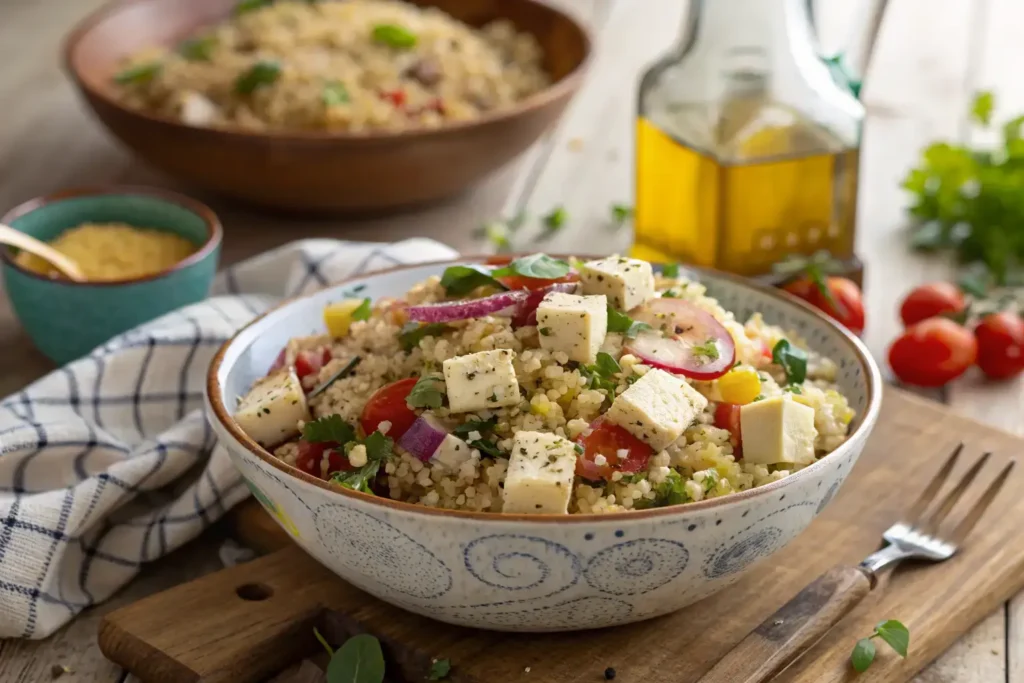 Gluten Free Mediterranean Grain Salad Made With Quinoa, Marinated Tofu Cubes As A Vegan Feta Substitute, And Zucchini Ribbons Instead Of Onions