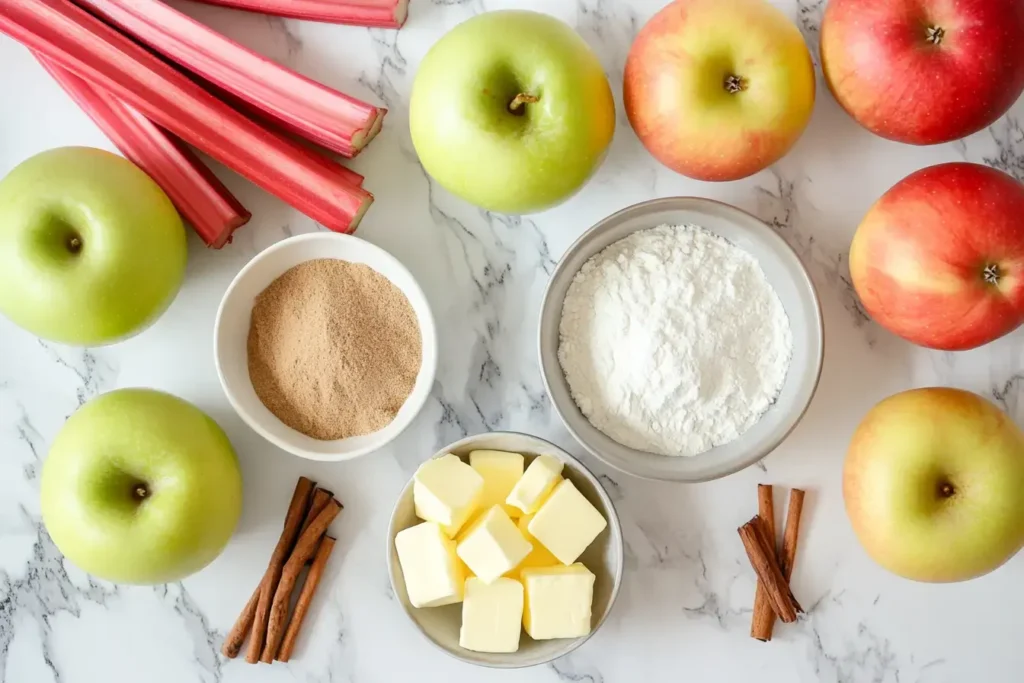 Granny Smiths, Ingredients; Rhubarb, Butter, And Spices On A Marbled Kitchen Counter