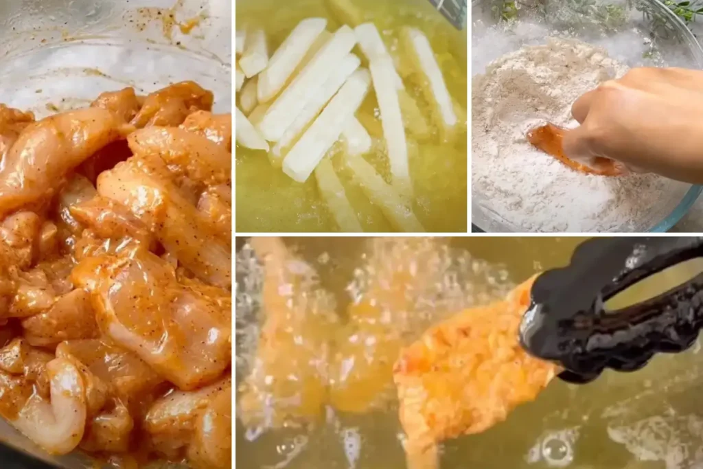 Step By Step Marinated Chicken, Dredging In Panko, Frying In Skillet, And Baked Fries On A Marbled Countertop