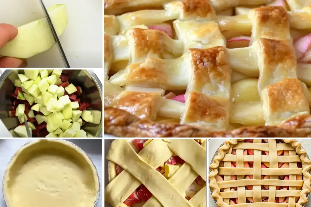 Step By Step Baking Sequence; Making Flaky Pie Dough By Hand, Tossing Fruit Filling, Layering Rhubarb And Apple Geometrically, Assembling Lattice Top Crust