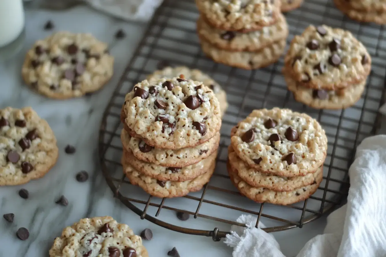 A Fresh Batch Of Rice Krispie Chocolate Chip Cookies On A Wire Rack.