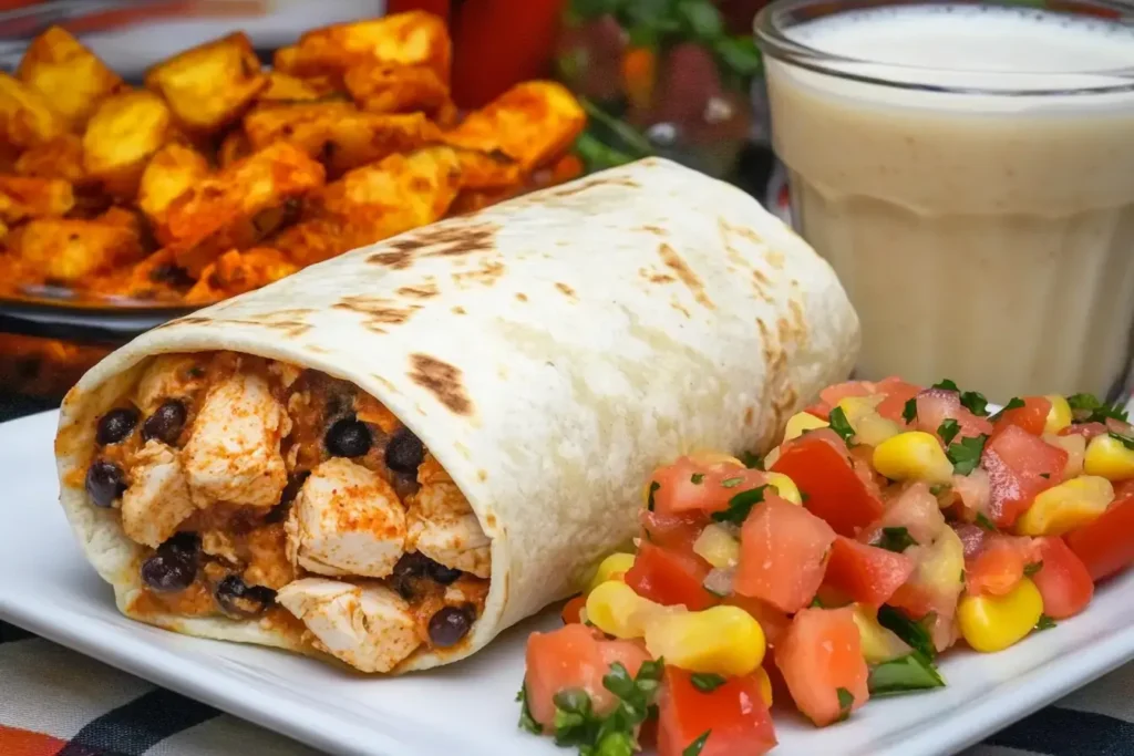 Breakfast Table With Chicken Burrito, Jicama Salad, Horchata Latte, And Sweet Potato Wedges And Spicy Black Bean Dip