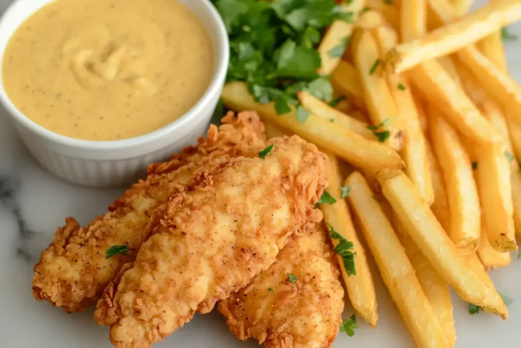 Crispy Chicken Tenders Wiht Fries On A Marbled Surface, With A Bowl Of Honey Mustard Dip And Fresh Herbs.