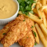 Crispy Chicken Tenders Wiht Fries On A Marbled Surface, With A Bowl Of Honey Mustard Dip And Fresh Herbs.