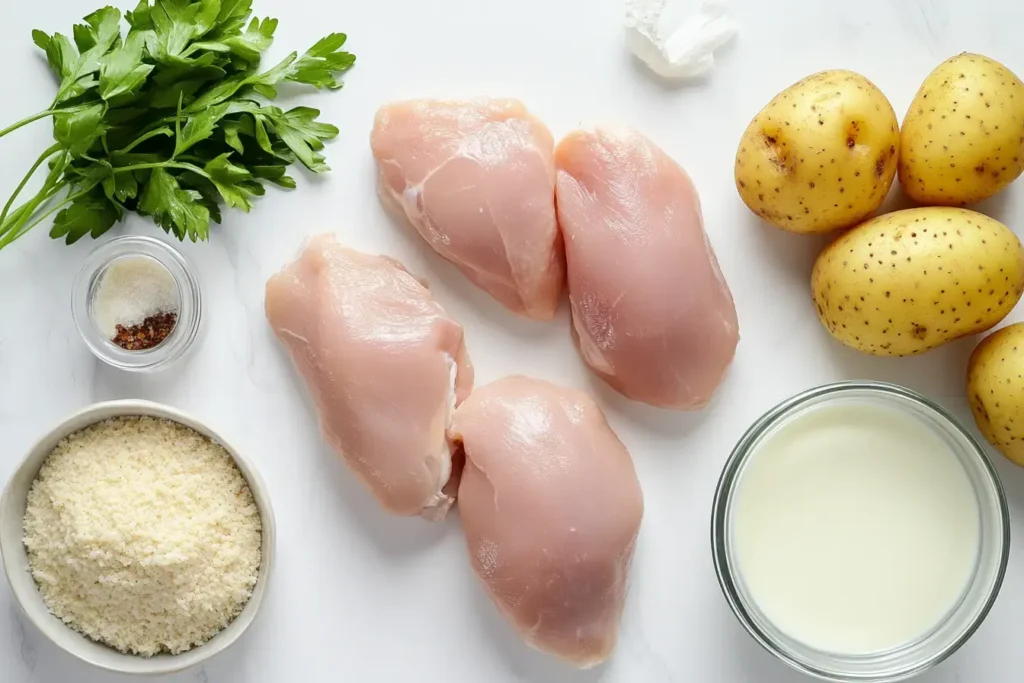 Raw Chicken Breasts, Buttermilk, Panko Breadcrumbs, Russet Potatoes, And Parmesan On A Marbled Surface